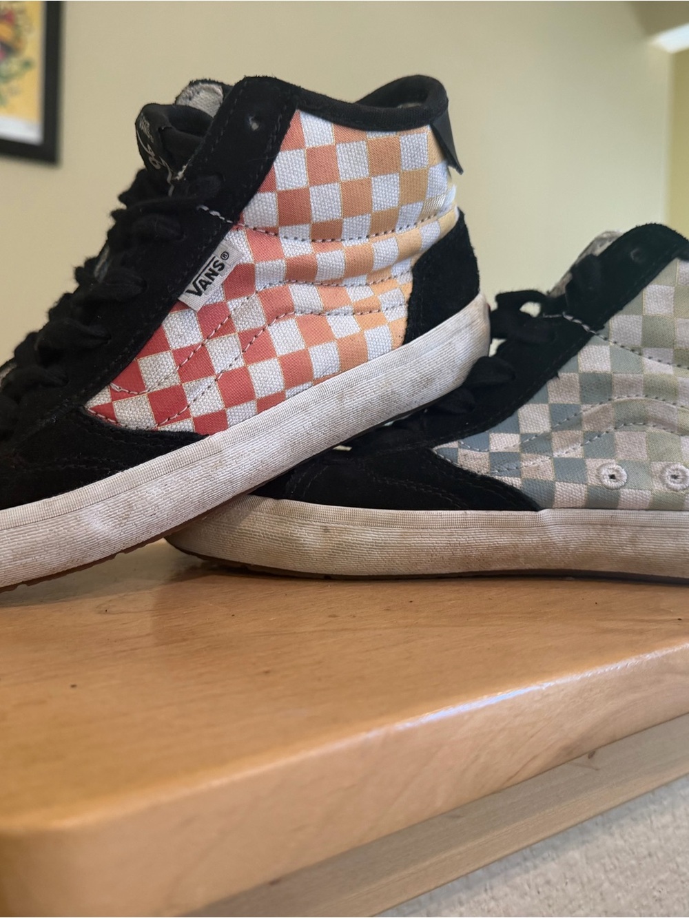 Vans Kids Checkerboard High-Top Sneakers - Black with Coral & Mint Checker